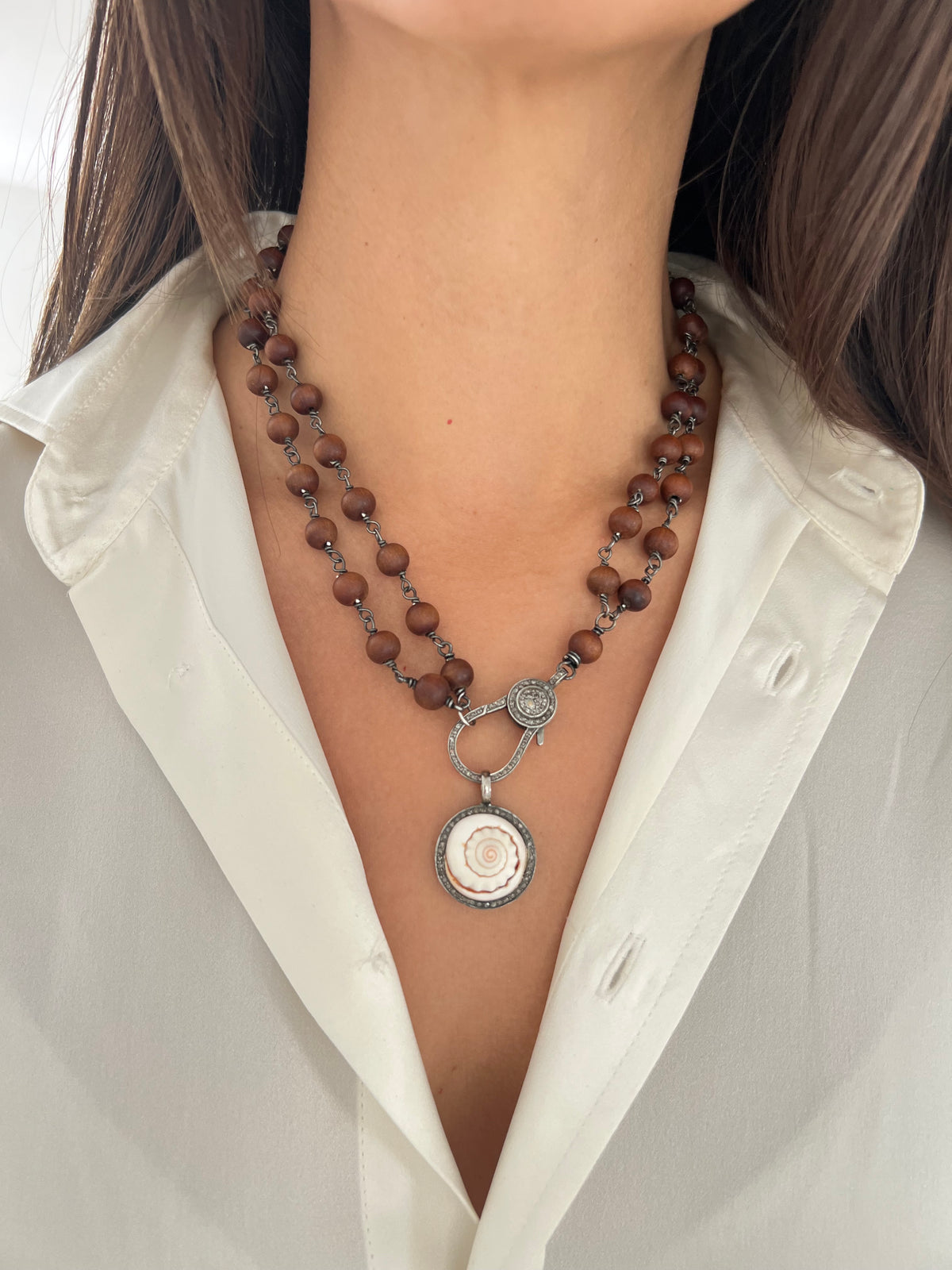 Naga Shell Pendant with Sandal Wood Beaded Necklace