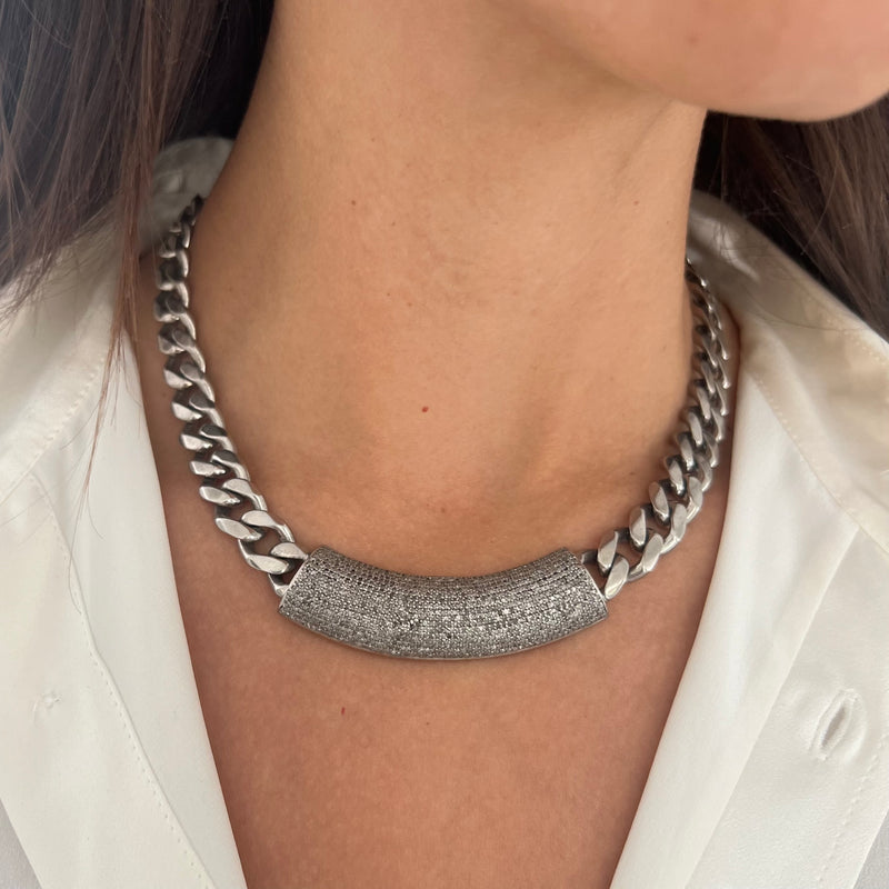 Sterling Silver Cuban Link with Diamond Bar