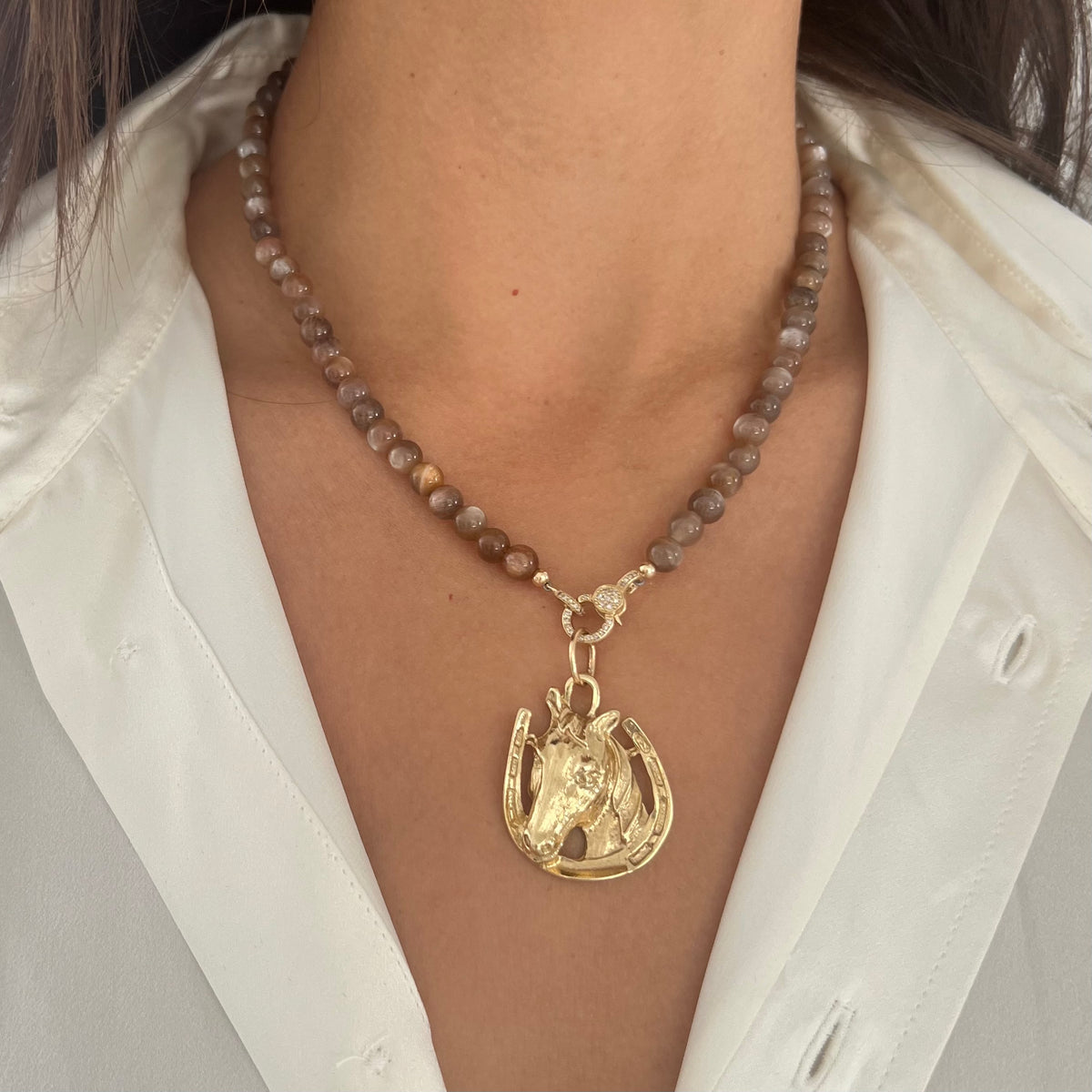 Horse Charm on Moon Stone Beads