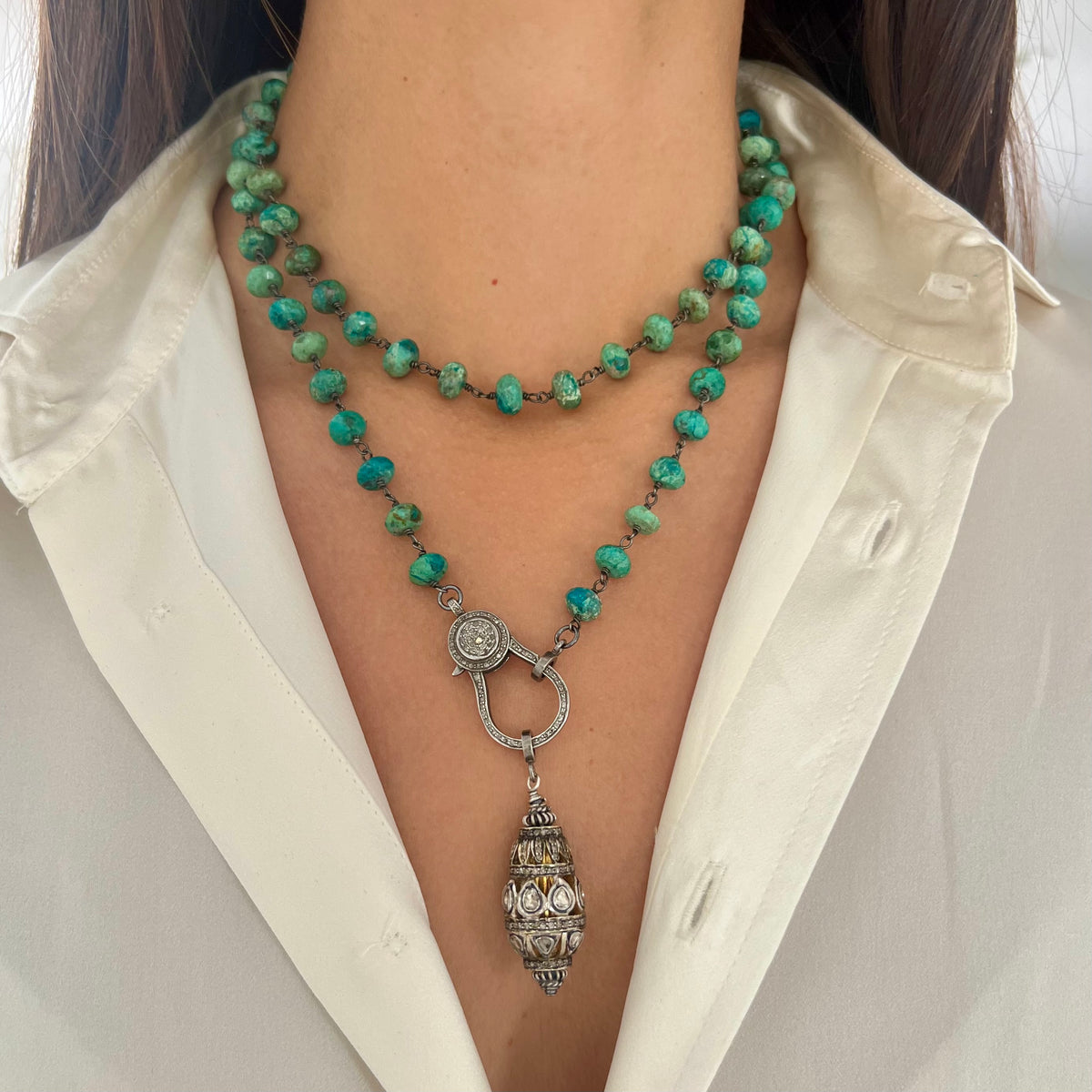 Rose Cut Diamond Pendant with Variscite Linked Necklace