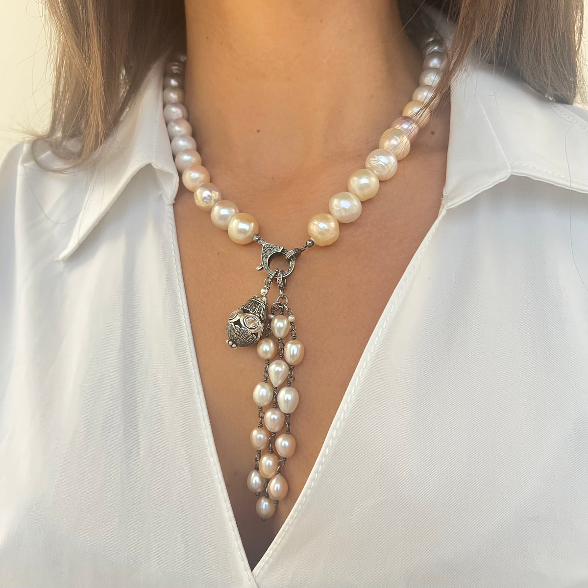 Rose Cut Pendant with Pearl Tassel on Fresh Water Pearl Necklace