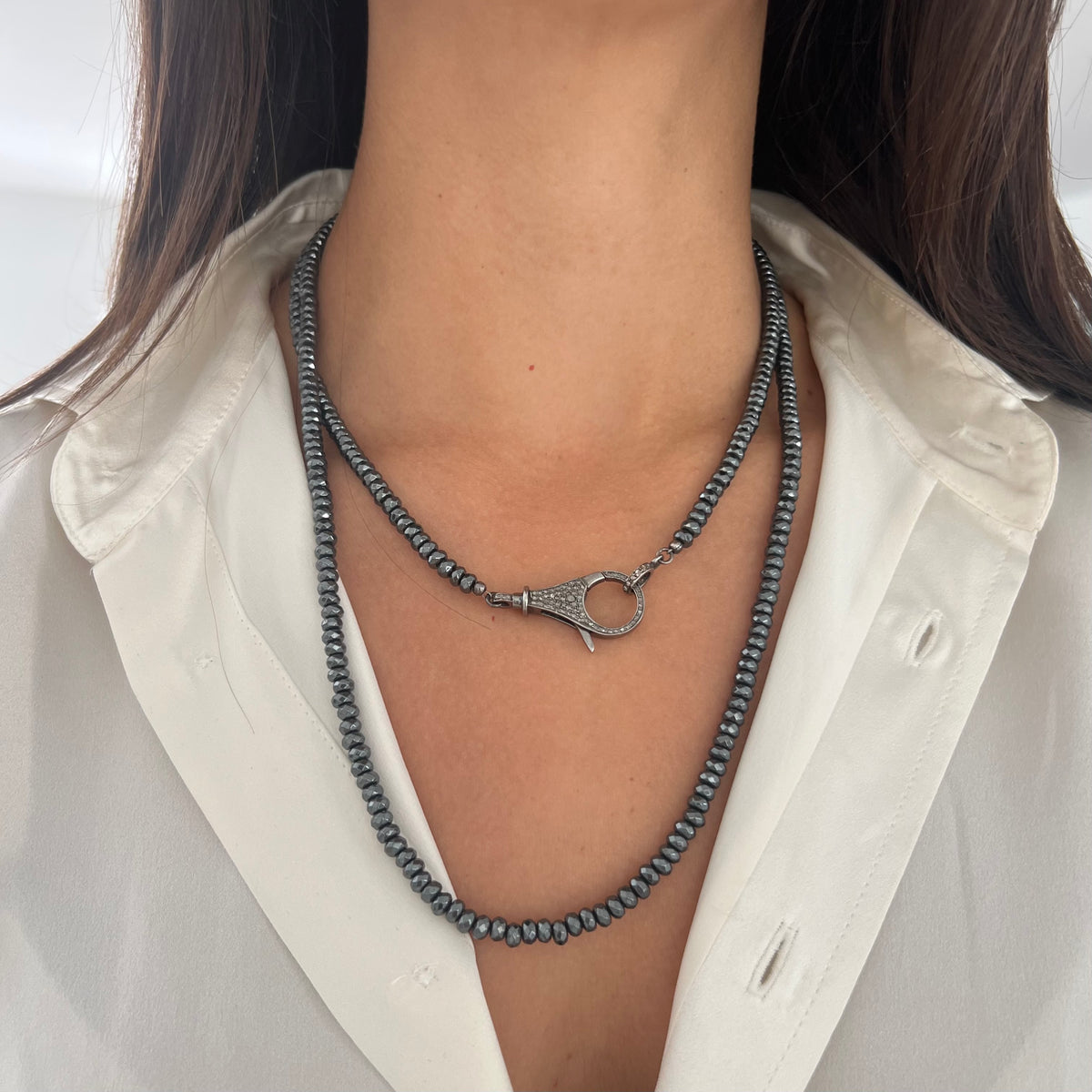 Hematite Beads with Pavé Diamond Clasp