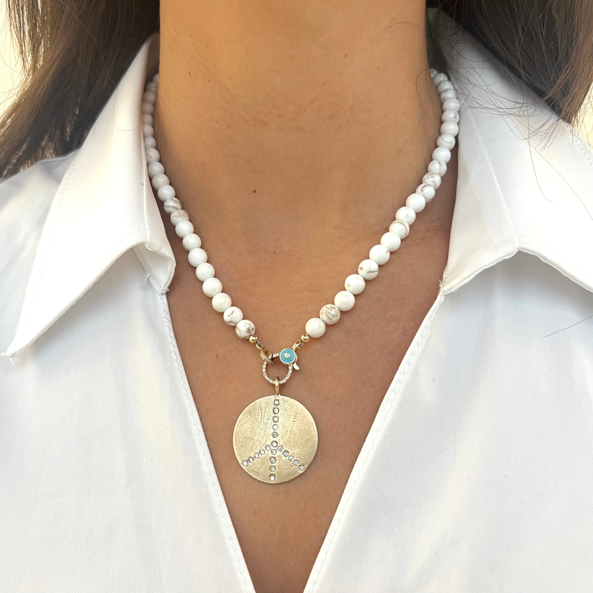 Brushed Diamond Peace Sign on White Turquoise Beaded Necklace