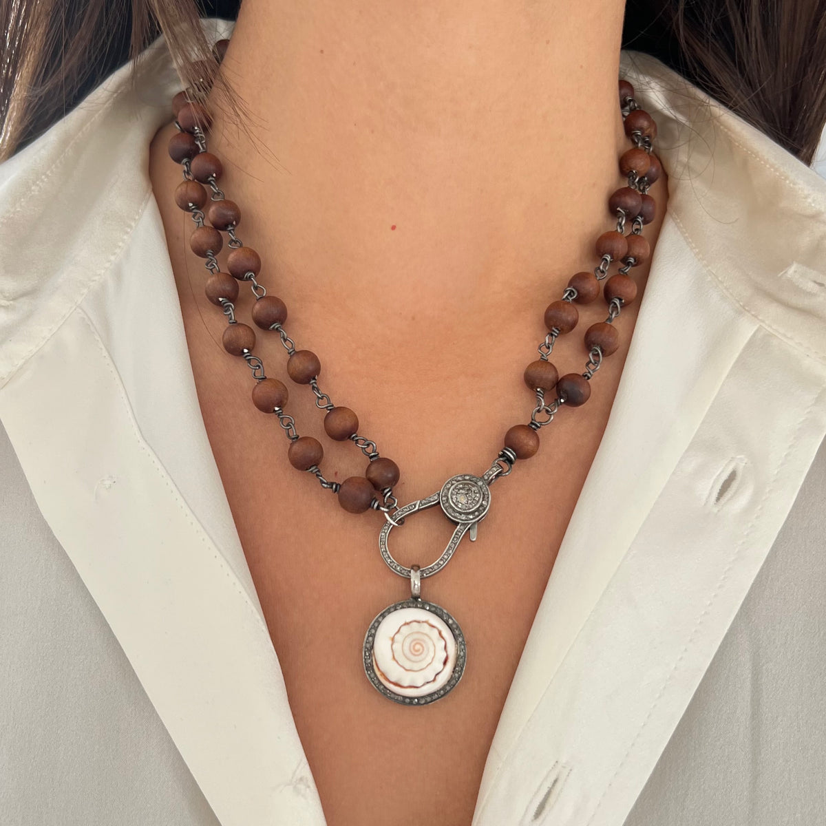 Naga Shell Pendant with Sandal Wood Beaded Necklace