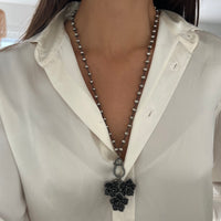 Black Diamond Flower Pendant on Pyrite Beaded Necklace
