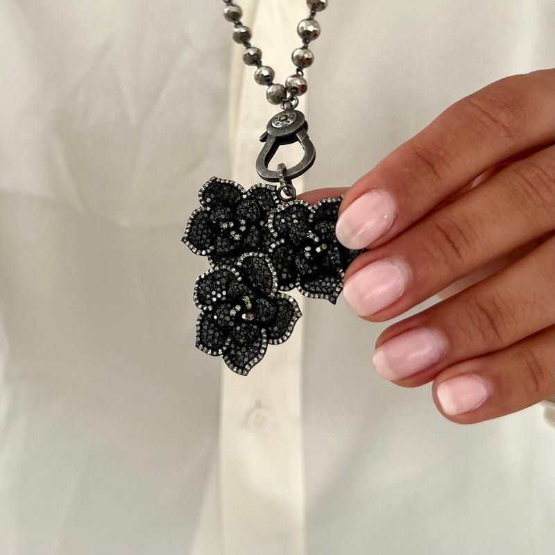 Black Diamond Flower Pendant on Pyrite Beaded Necklace