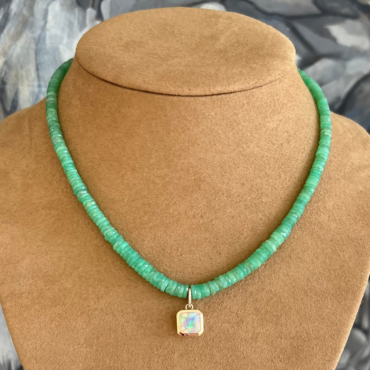 Chrysoprase Necklace with Opal Charm