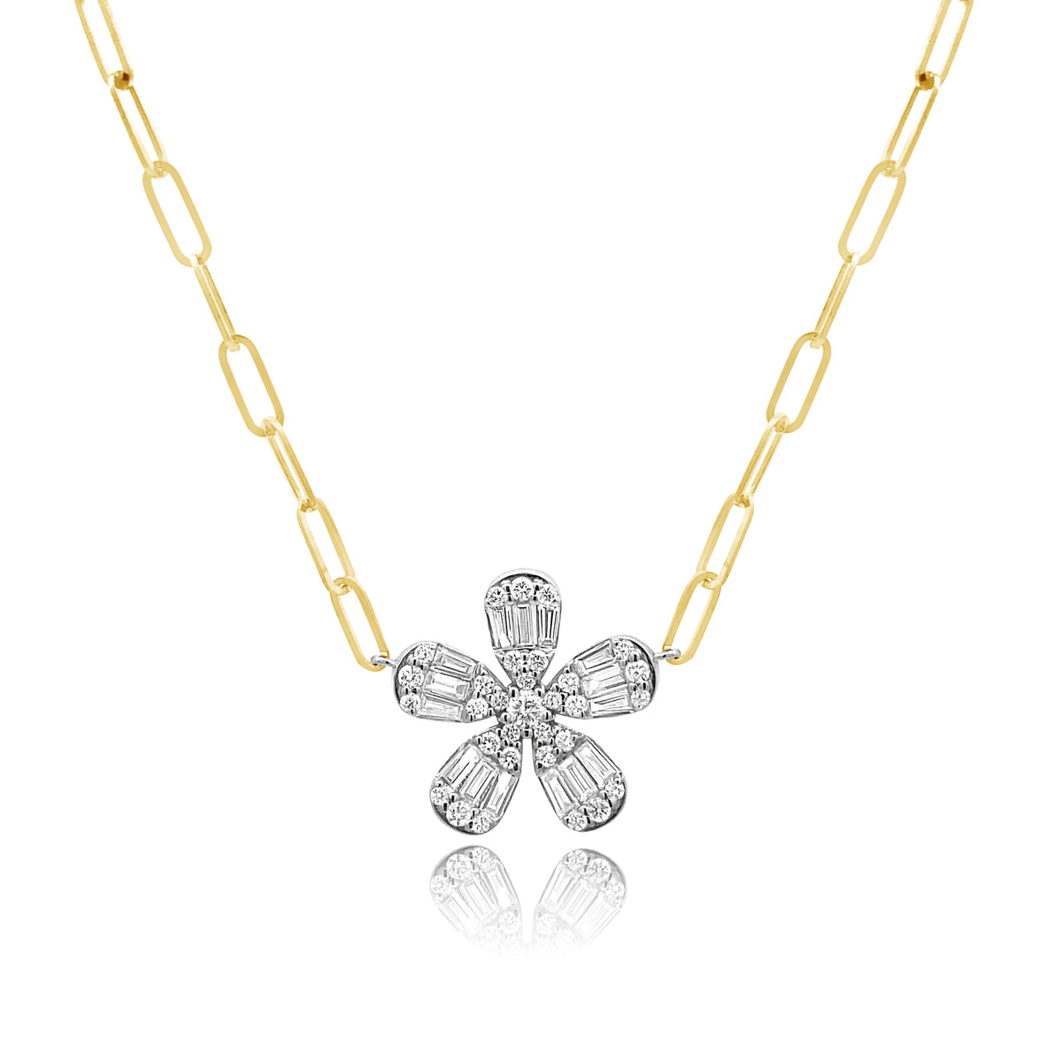 Diamond Baguette Flower on Paperclip Chain