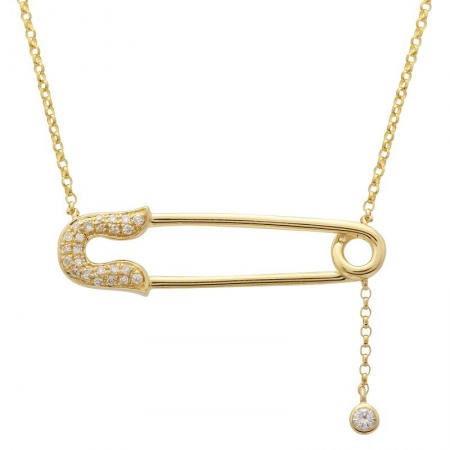 mage of a yellow gold safety pin necklace with pavé diamonds around the clasp
