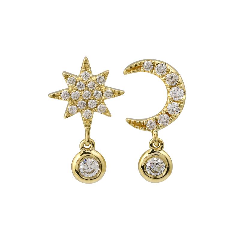 14k Yellow Gold Star and Moon Stud